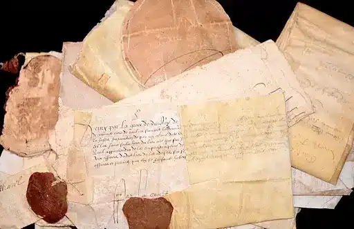Papiers anciens avec sceaux de cire, évoquant des documents historiques.
