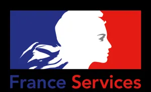 Logo France Services, Marianne sur fond bleu-blanc-rouge. France Services en bleu.