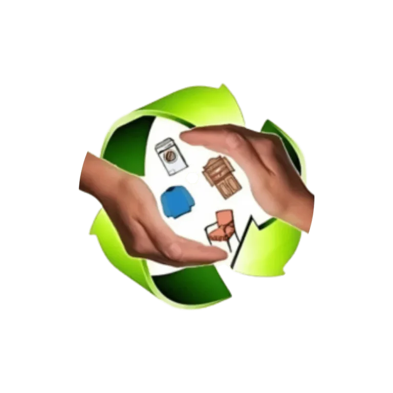 Symbole de recyclage vert avec des mains protégeant des objets réutilisables.