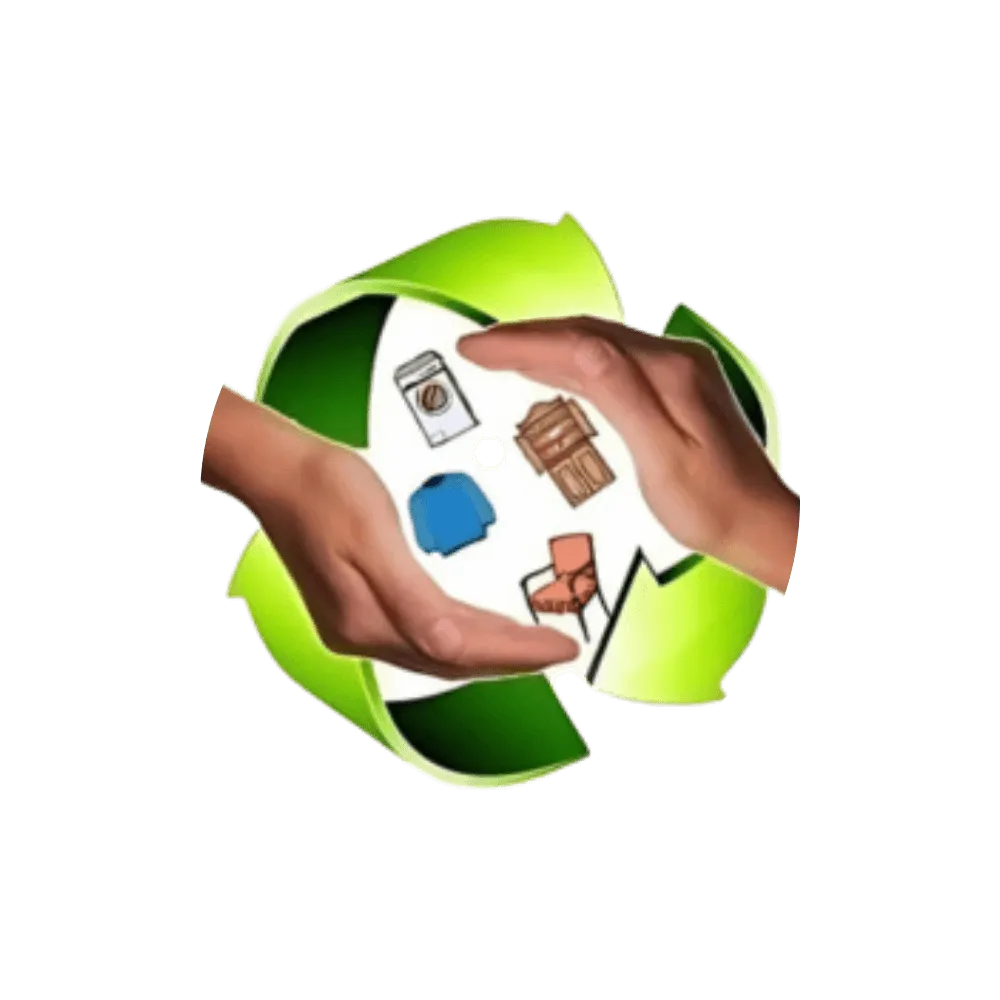 Symbole de recyclage vert avec des mains protégeant des objets réutilisables.